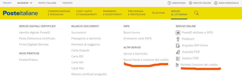 contratto cessione del credito poste italiane accesso al sito
