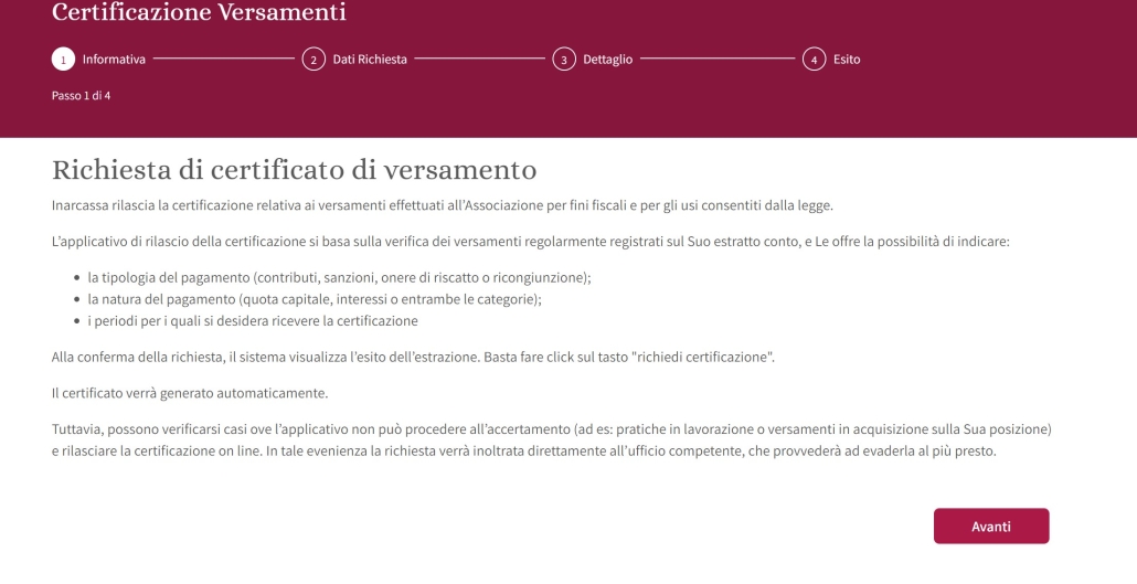 Come Richiedere la Certificazione dei Contributi Versati Inarcassa 14 certificazione contributi versati ad inarcassa come richiederla e dove trovarla - 4 step1 - avanti